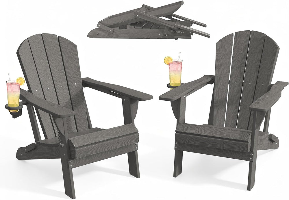 AreShark HDPE Folding Adirondack Chair with Cup Holder, Set of 2, Gray