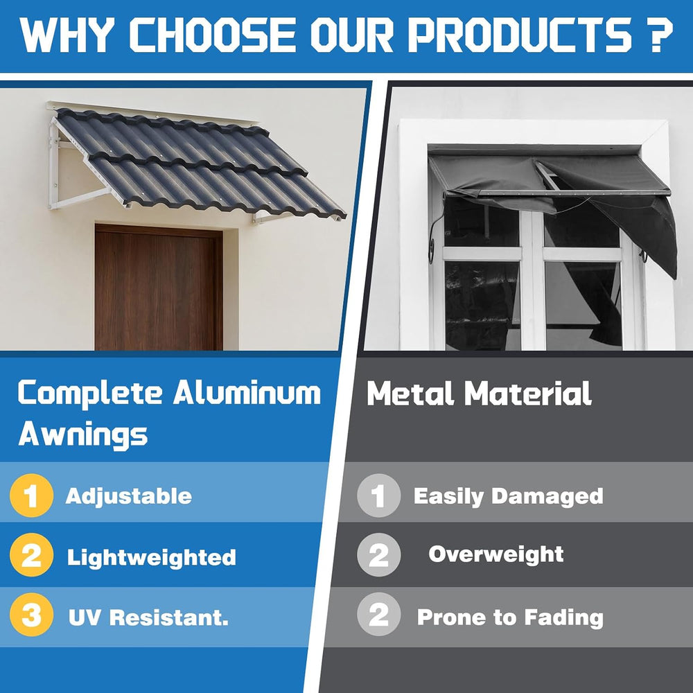 Aluminum Door Awning, 6-Level Adjustable Front Door Canopy, 52"x31"