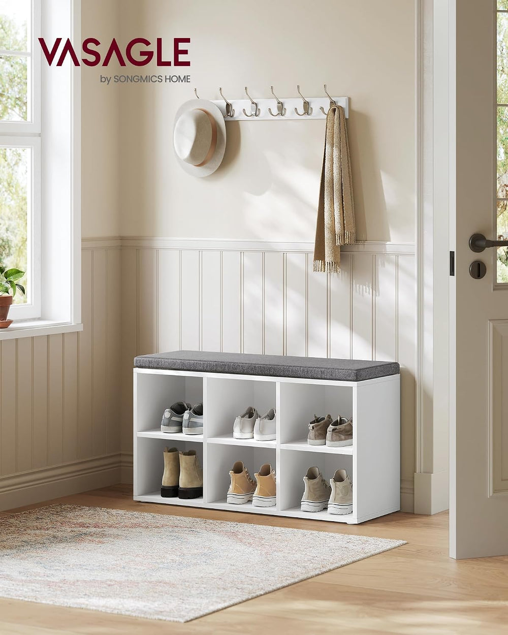 VASAGLE Shoe Bench with Cushion, 6 Compartments, 3 Adjustable Shelves