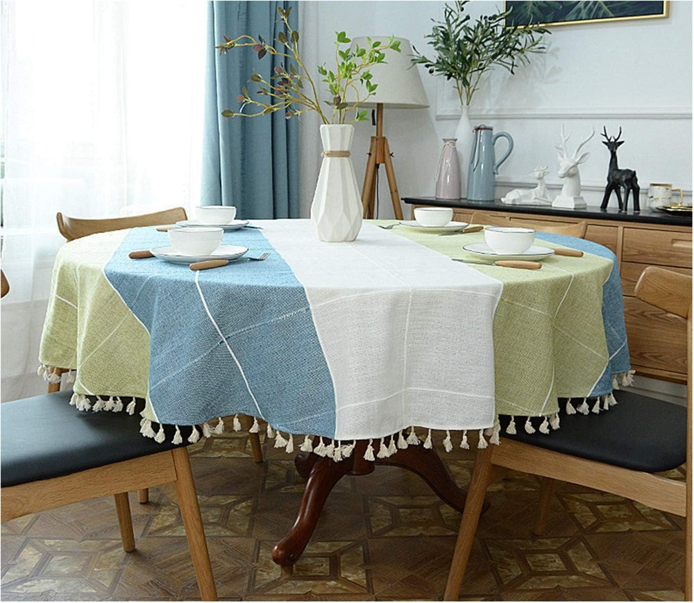 Dimatic Heavy Weight Cotton Linen Tablecloth, Plaid Tassel Round Table Cover ...