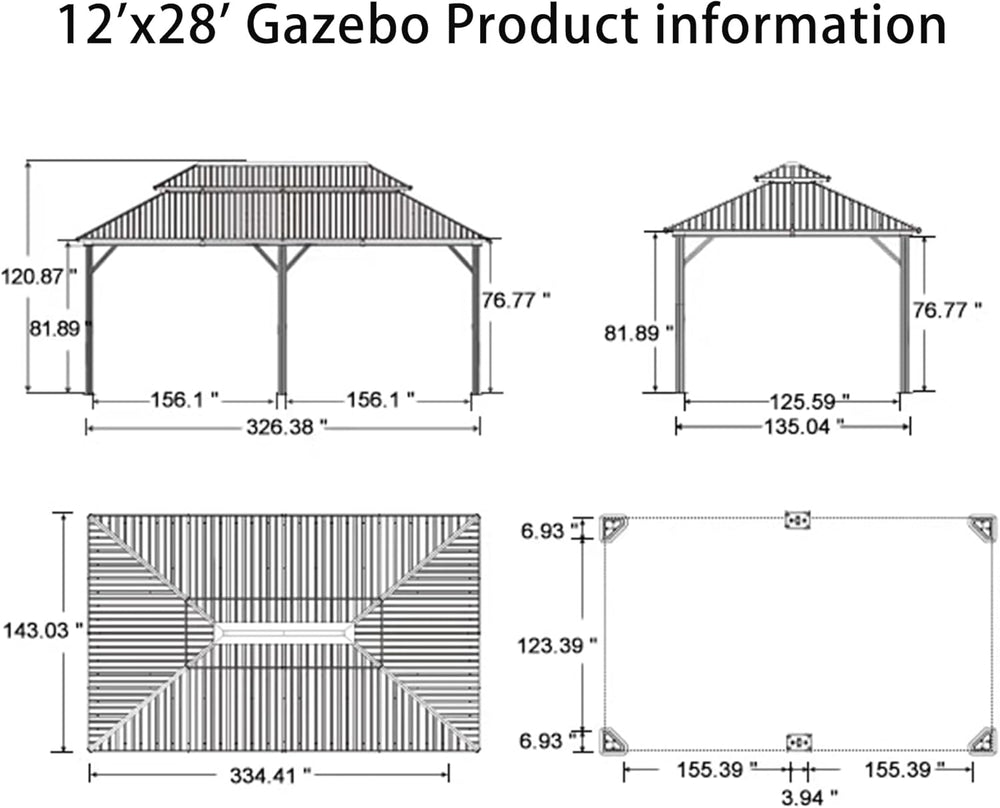 PURPLE LEAF Patio Hardtop Gazebo 12' x 28' Bronze Frame Double Roof K...