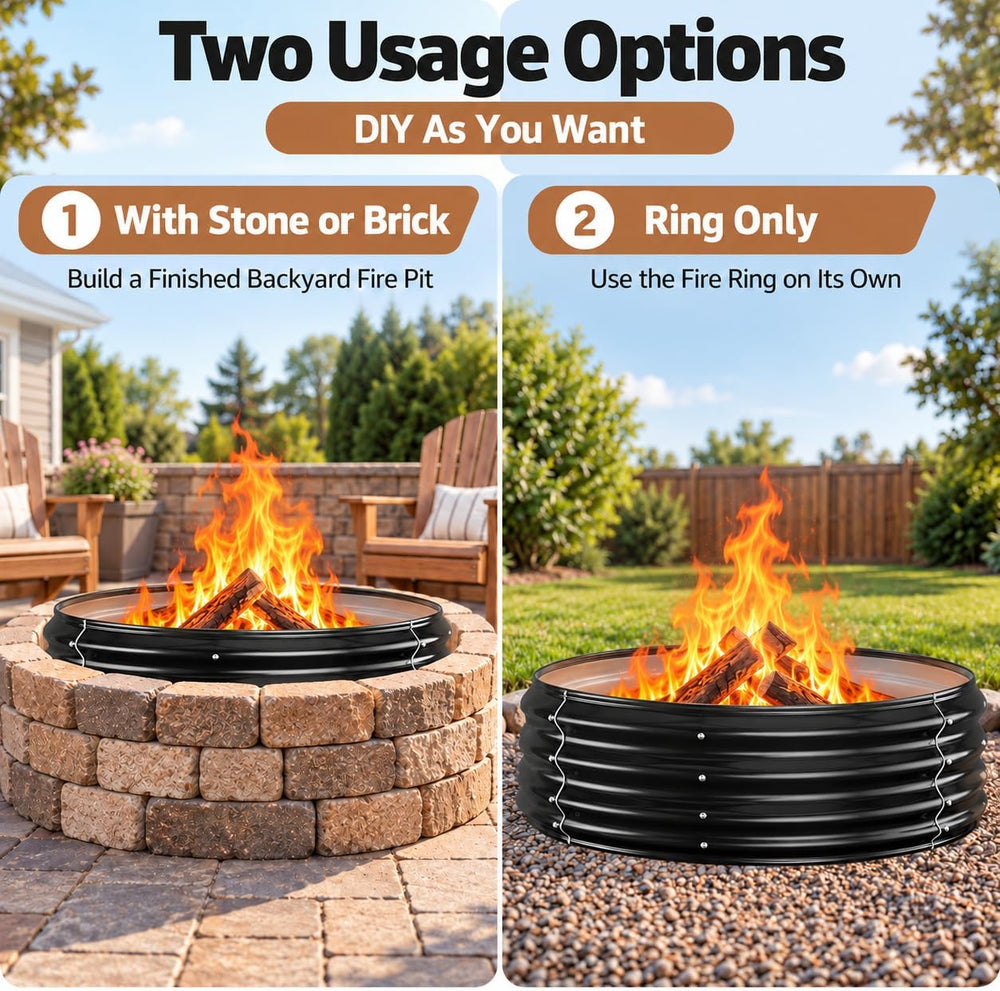 60in Large Fire Pit Ring for Outside, Heavy Duty Wood Burning Firepit/Firepla...