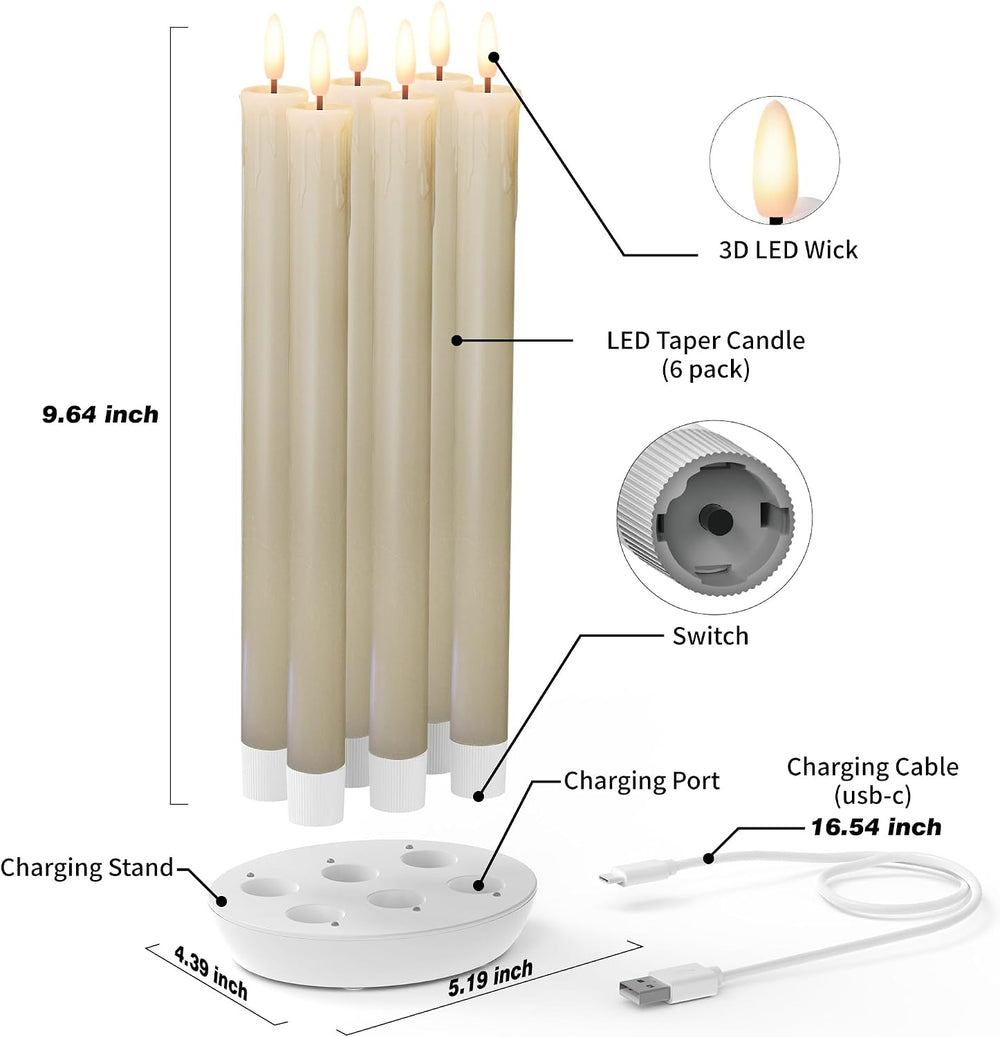 Rechargeable Flameless Taper Candles with Remote, Charging Station, 6 Pcs