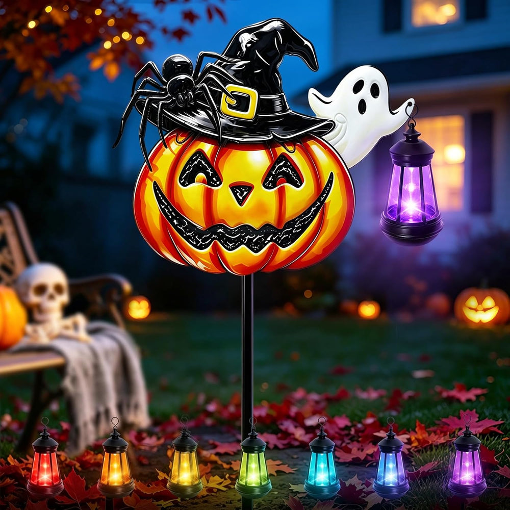 Halloween Decorations Outdoor Metal Solar Pumpkin Lights with Solar Lantern