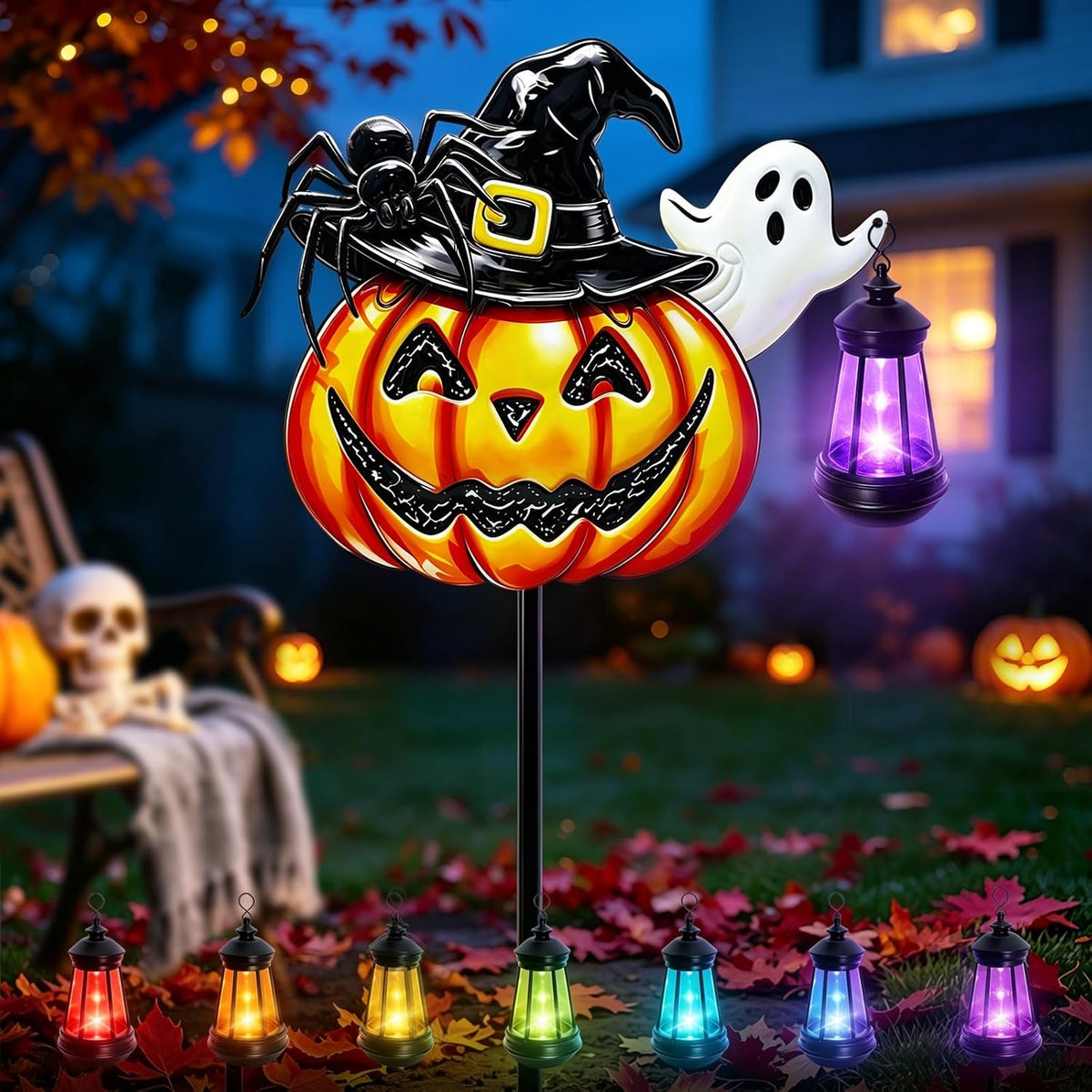 Halloween Decorations Outdoor Metal Solar Pumpkin Lights with Solar Lantern