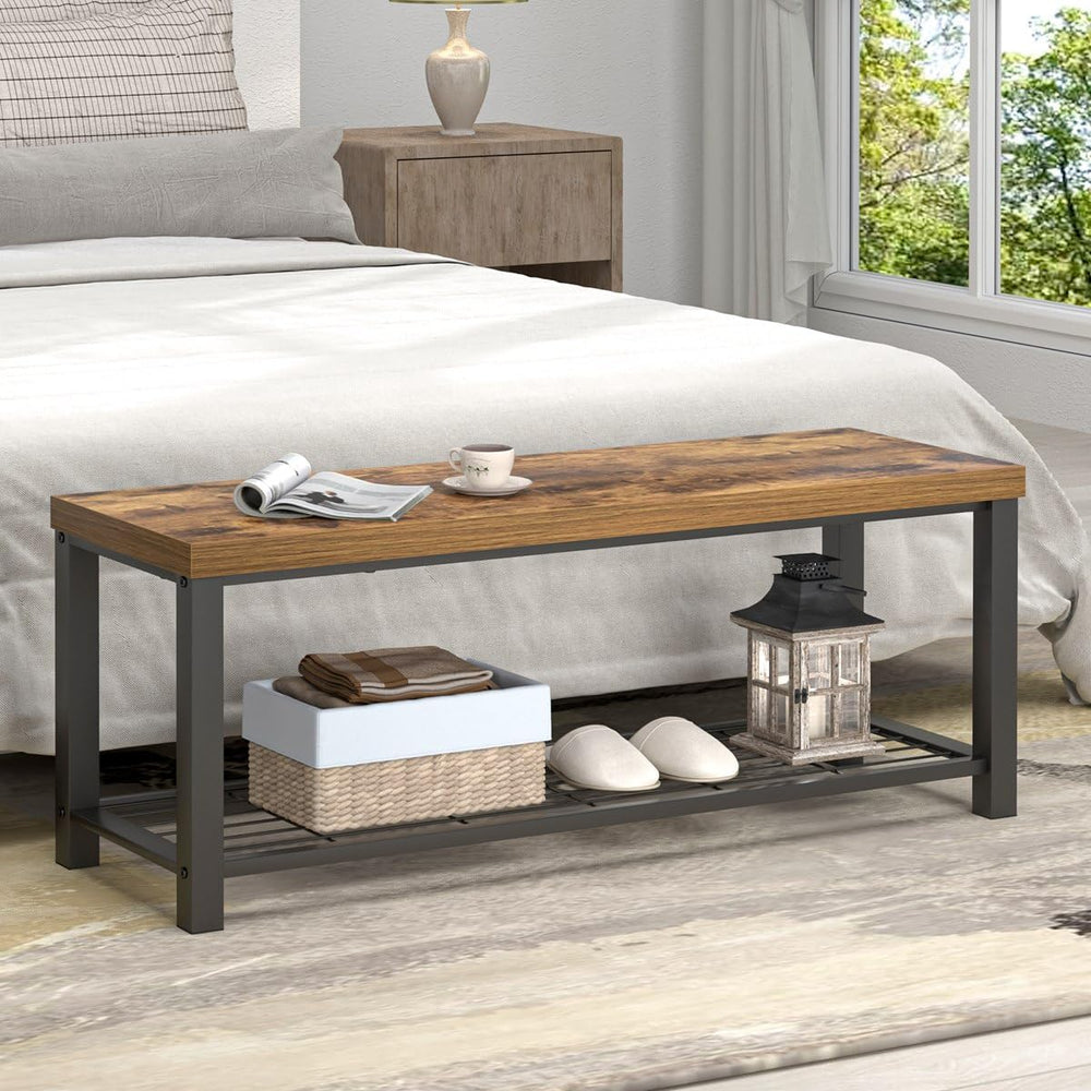 EXCEFUR Entryway Bench, Modern Wood and Metal Storage Bench for Hallway Front...