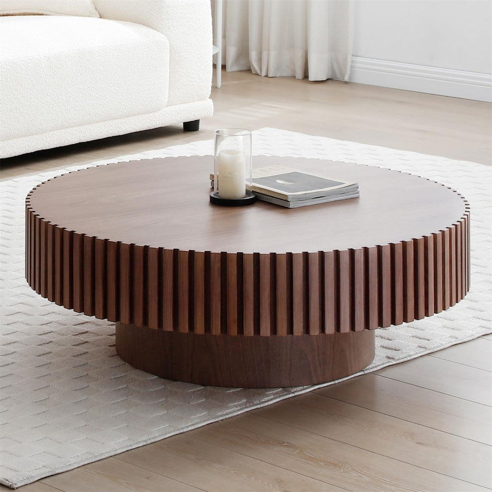 LKTART Round Coffee Table for Living Room, Accent Fluted Drum Coffee Table wi...