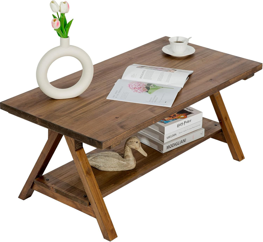HOKYHOKY Solid Wood Coffee Table - 42.5” Firwood Farmhouse Rustic Wooden Coff...