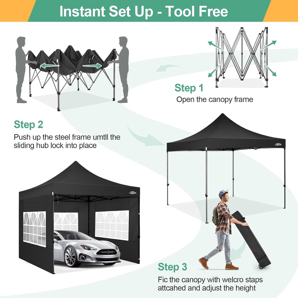 COBIZI 10x10 Heavy Duty Pop Up Canopy Tent with Sidewalls, Easy Up Canopy