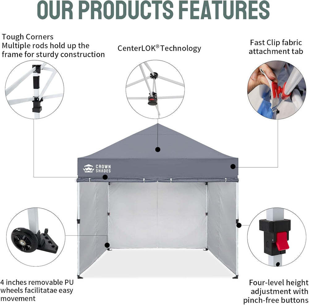 CROWN SHADES 8x8 Commercial Pop Up Canopy Tent with Sidewalls, Gray