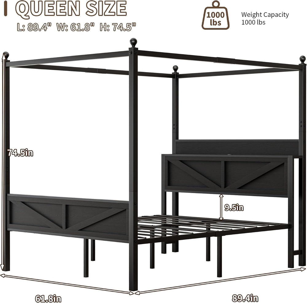 Canopy Bed Frame Queen Size with Barn Storage Headboard, Black‌