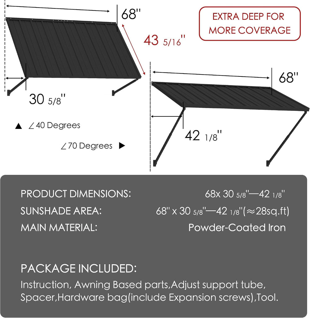 Kozyard Adjustable Door Window Awning - 4-Level Tilt, Aluminum Frame