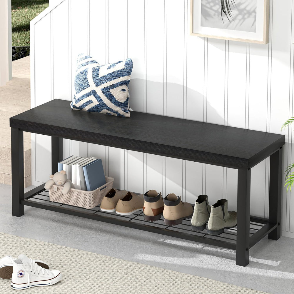 EXCEFUR Entryway Bench, Modern Wood and Metal Storage Bench for Hallway Front...