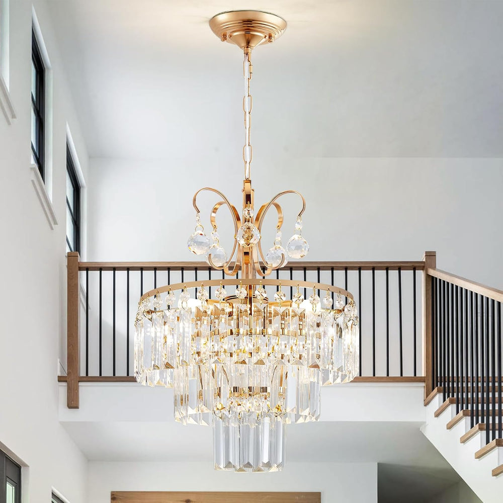 3-Light Gold Crystal Chandelier,Modern 3 Tier Semi Flush Mount Chandelier wit...