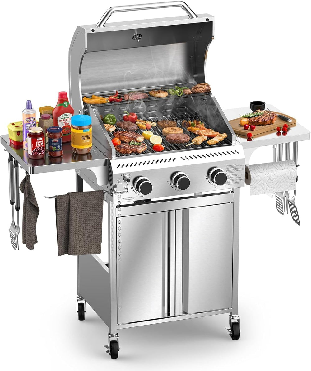 Electactic Propane Gas Grill, 3-Burner 24,000 BTU Stainless Steel BBQ Grill w...