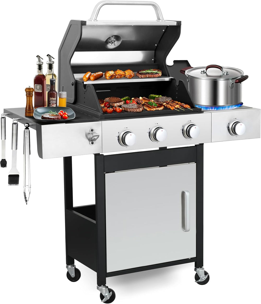 39000 BTU Output Propane Gas Grill with Side Burner and 3 Main Burners - Doub...