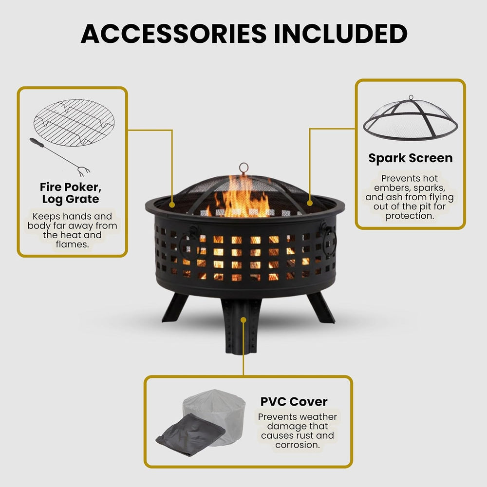 Outdoor Fire Pit - 26-Inch Round Lattice Wood Burning Firepit with Screen, Po...