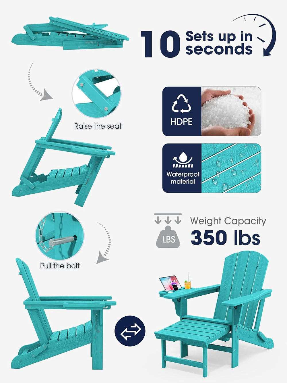 KINGYES Adjustable Folding Adirondack Chair with Footrest & 4-in-1 Multi-...