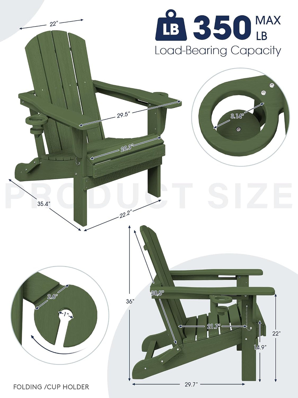 KINGYES Folding Adirondack Chair Set of 4 with 2 Cup Holders, Avocado