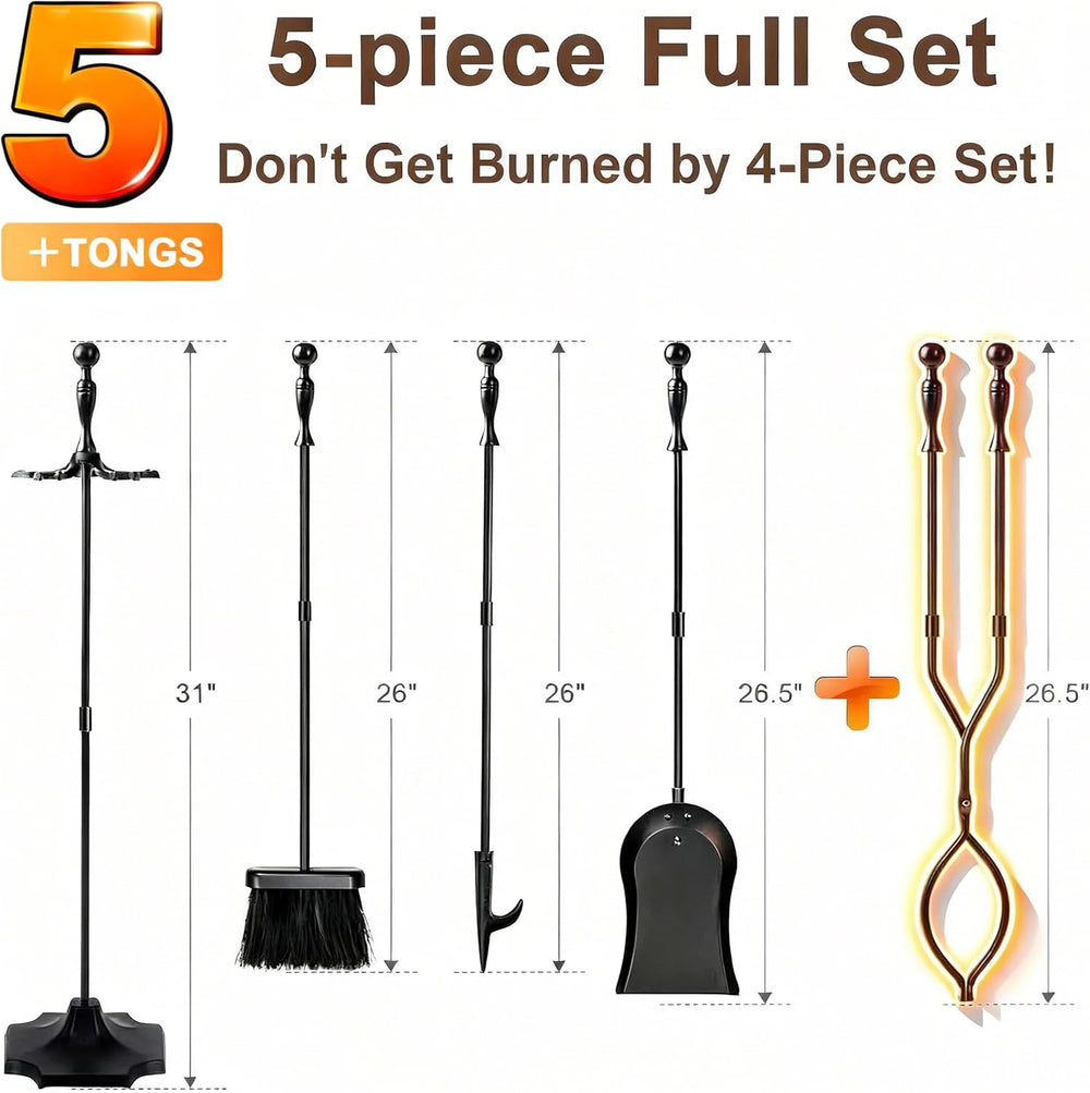 AMAGABELI Garden & Home 5 Pcs Fireplace Tools Set 31 Inch Indoor Black Ha...