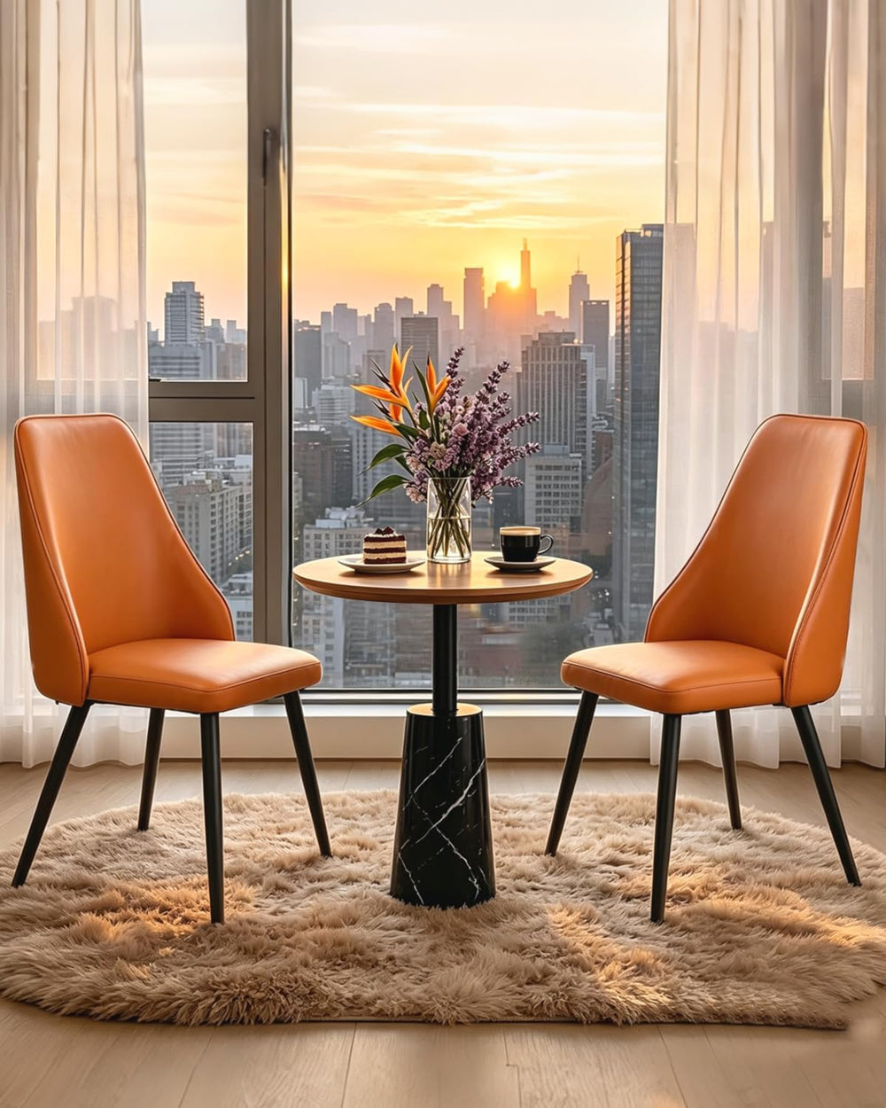 Mid-Century Modern Dining Chairs, Set of 2 Orange Leather Upholstered High Ba...