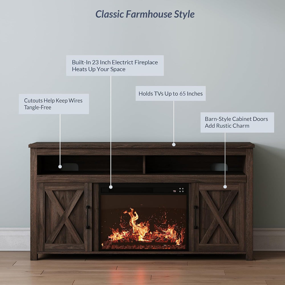BELLEZE Corin 58" TV Stand with 23" Electric Fireplace - Dark Walnut