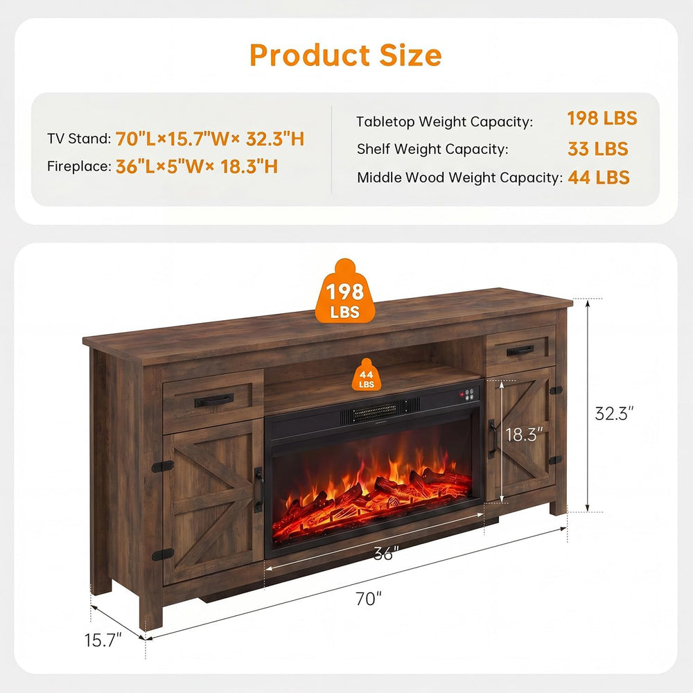 Fireplace TV Stand, 70" Farmhouse TV Stand with Barn Door for 80" T...