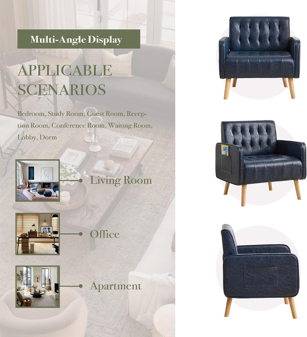 Leather Accent Chair Set of 2, Living Room Chair with Wooden Legs (Blue)