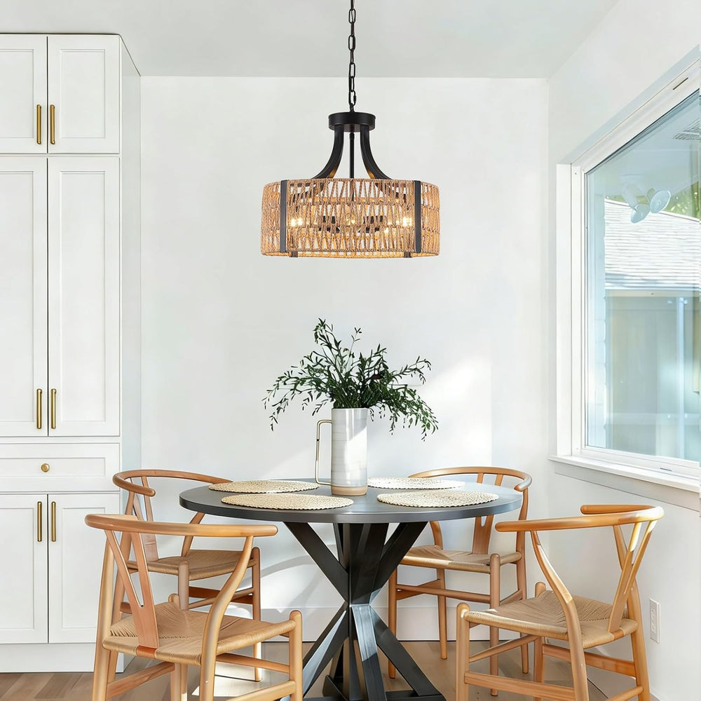 Farmhouse Chandeliers for Dining Room, 5-Light 17.7”Rattan Light Fixture with...