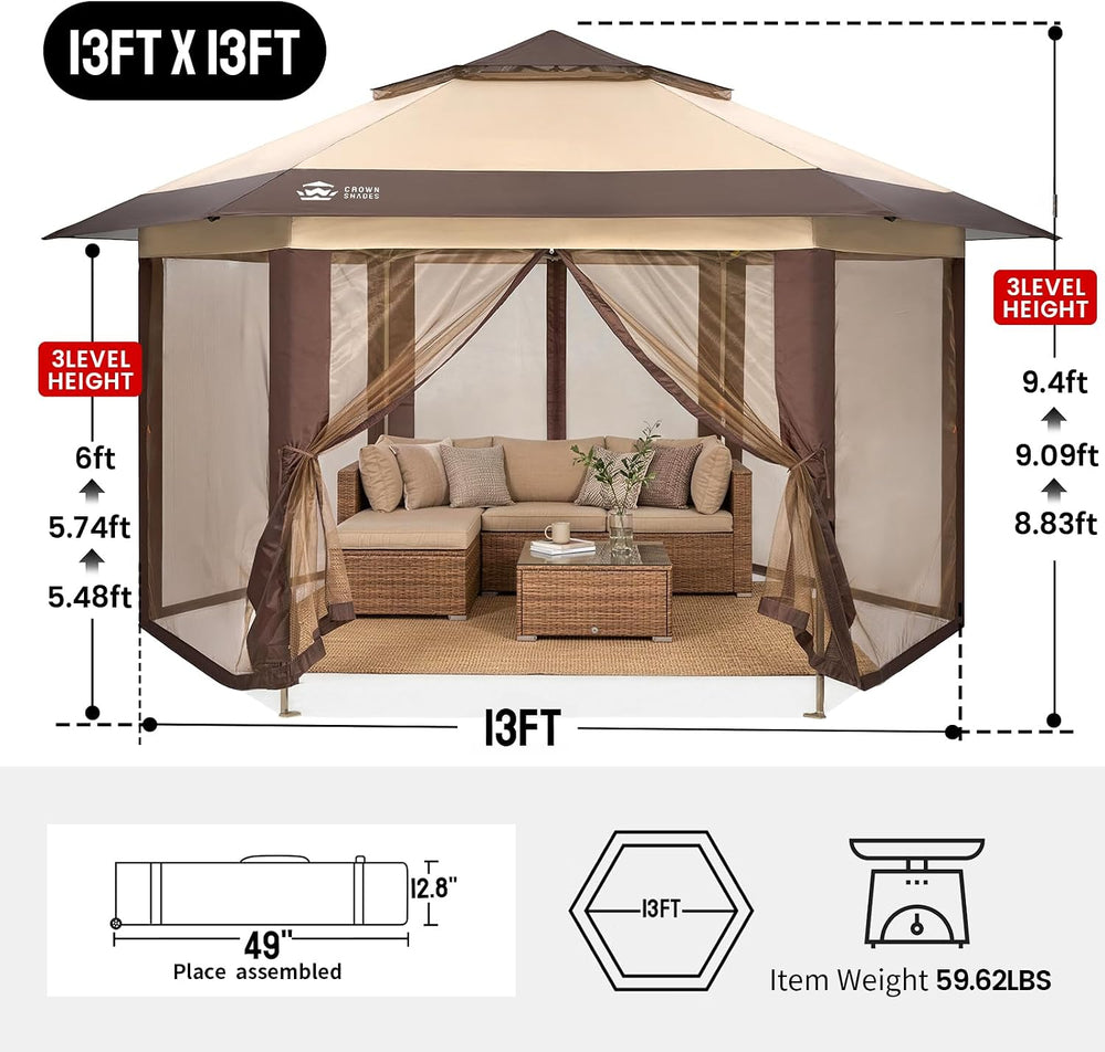 CROWN SHADES 13x13 Pop Up Gazebo with Mosquito Nettings, Beige&Coffee