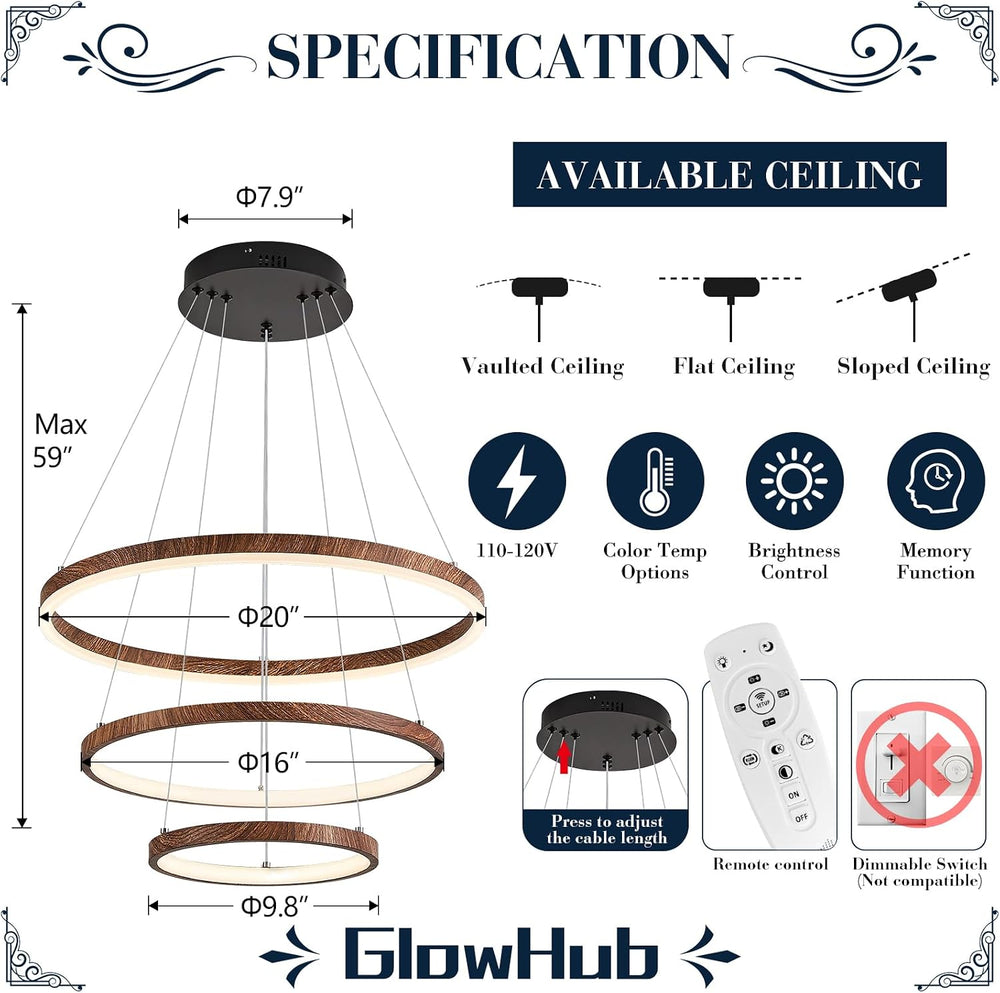 GlowHub 3-Ring Modern LED Chandelier, Wood Grain Round Dimmable Pendant Light...