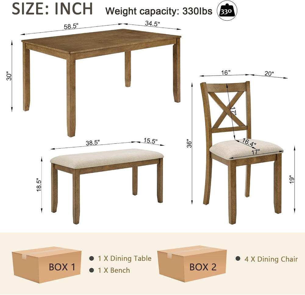 Merax 6-Piece Wood Kitchen Dining Table Set, 58.5" Rectangular Table wit...