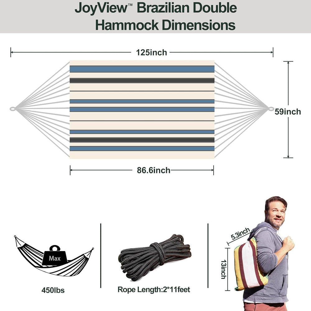 JoyView Brazilian Double Hammock, 2 Person Hammock with Ropes and Carry Bag
