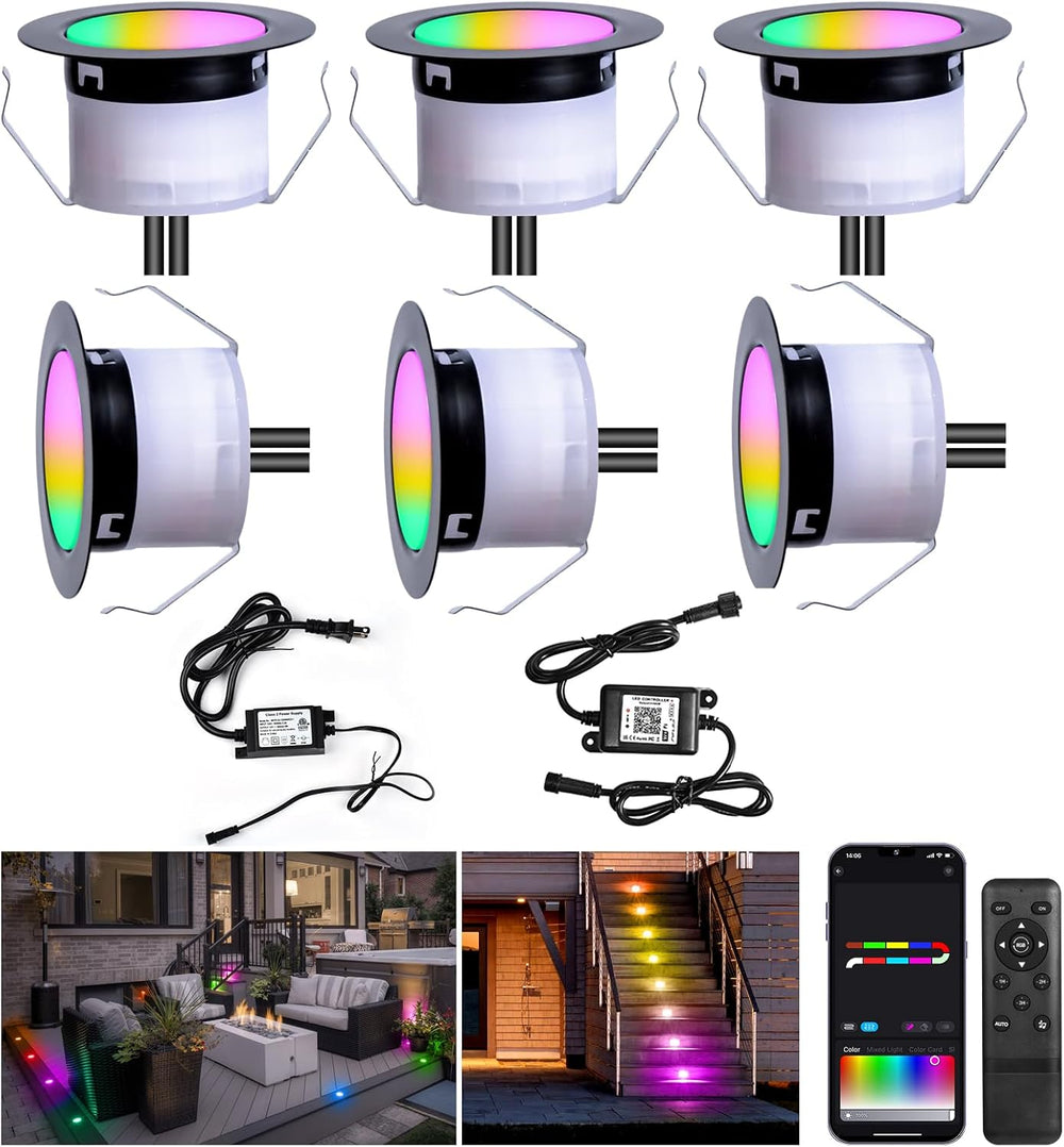 Recessed LED Deck Lights Kit, 6 Pack Φ1.77 WiFi Pixel RGBW+IC Multicolor