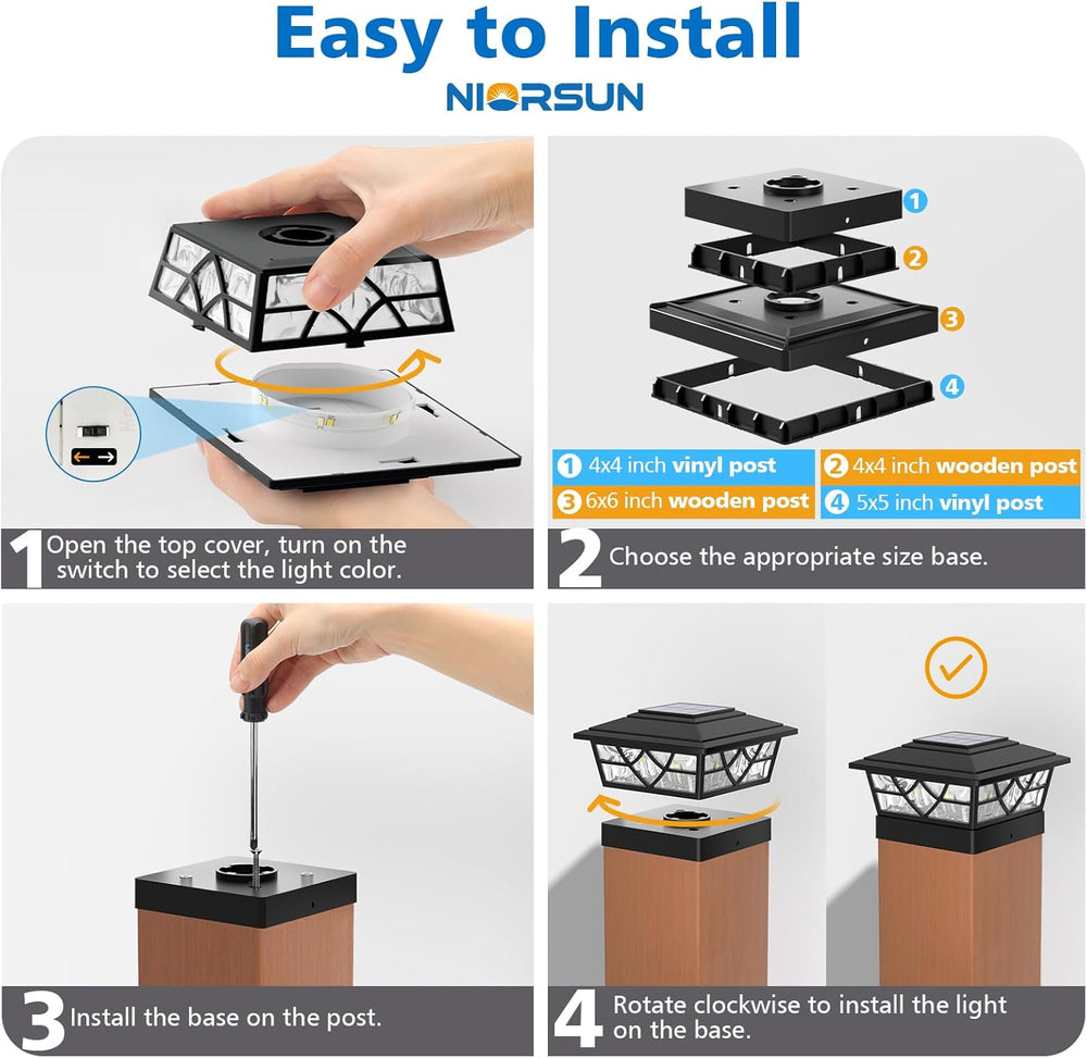 NIORSUN 4x4 Post Solar Lights,Solar Post Lights with 2 Modes, 12 Pack Black