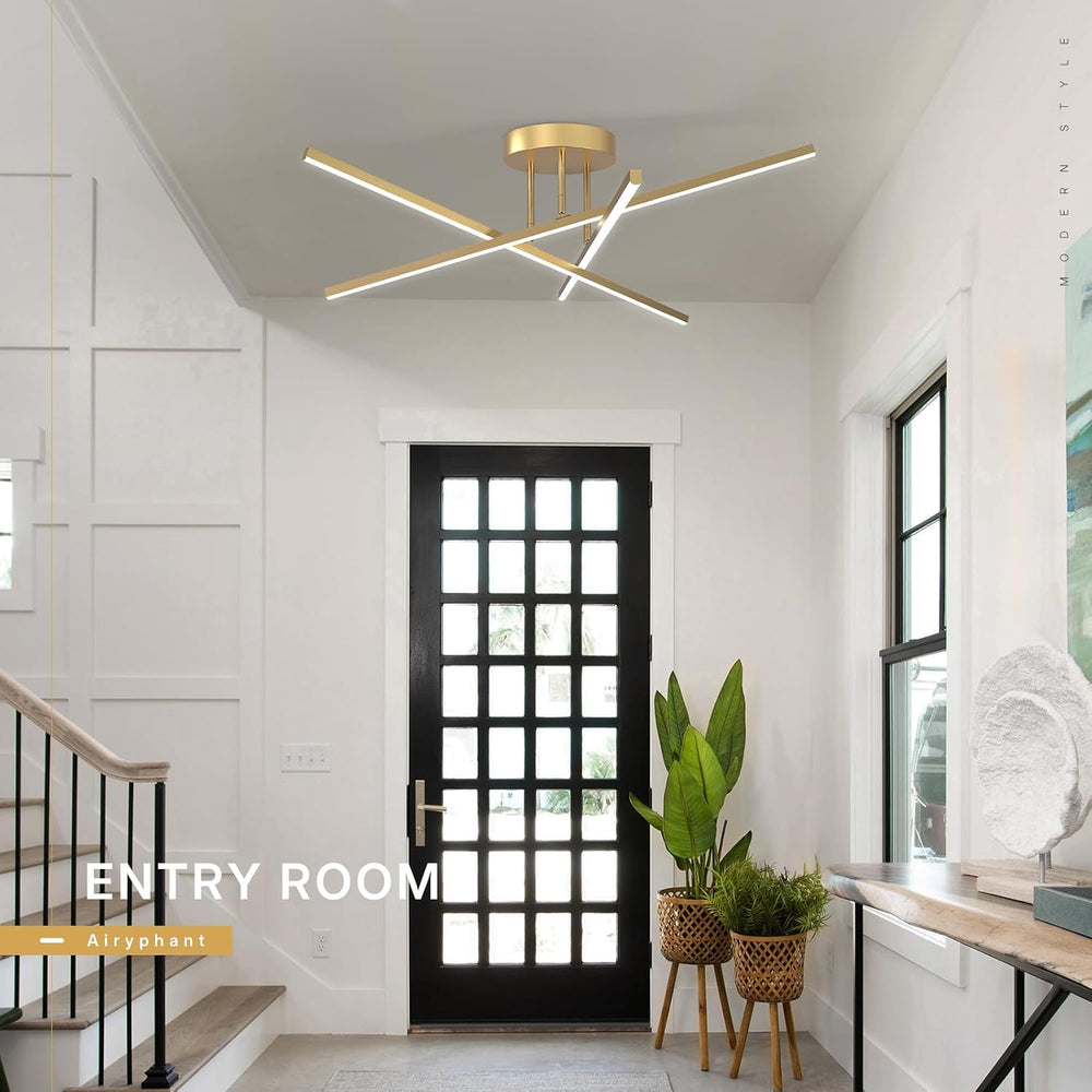 Gold LED Chandelier, 3-Lights Modern Semi Flush Mount Ceiling Lighting Fixtur...