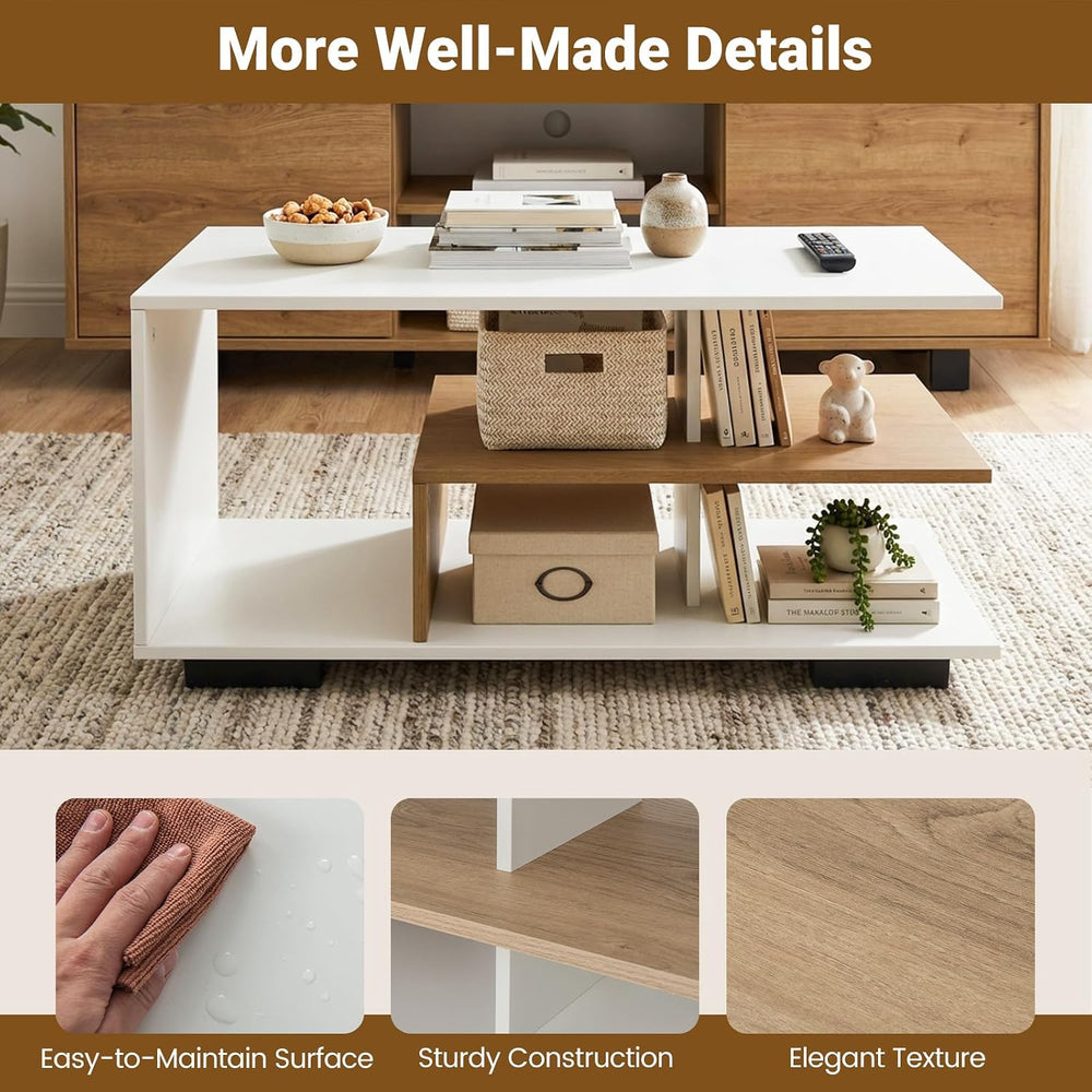 GOFLAME Rectangular Coffee Table for Living Room, 3-Tier Wood Center Table wi...