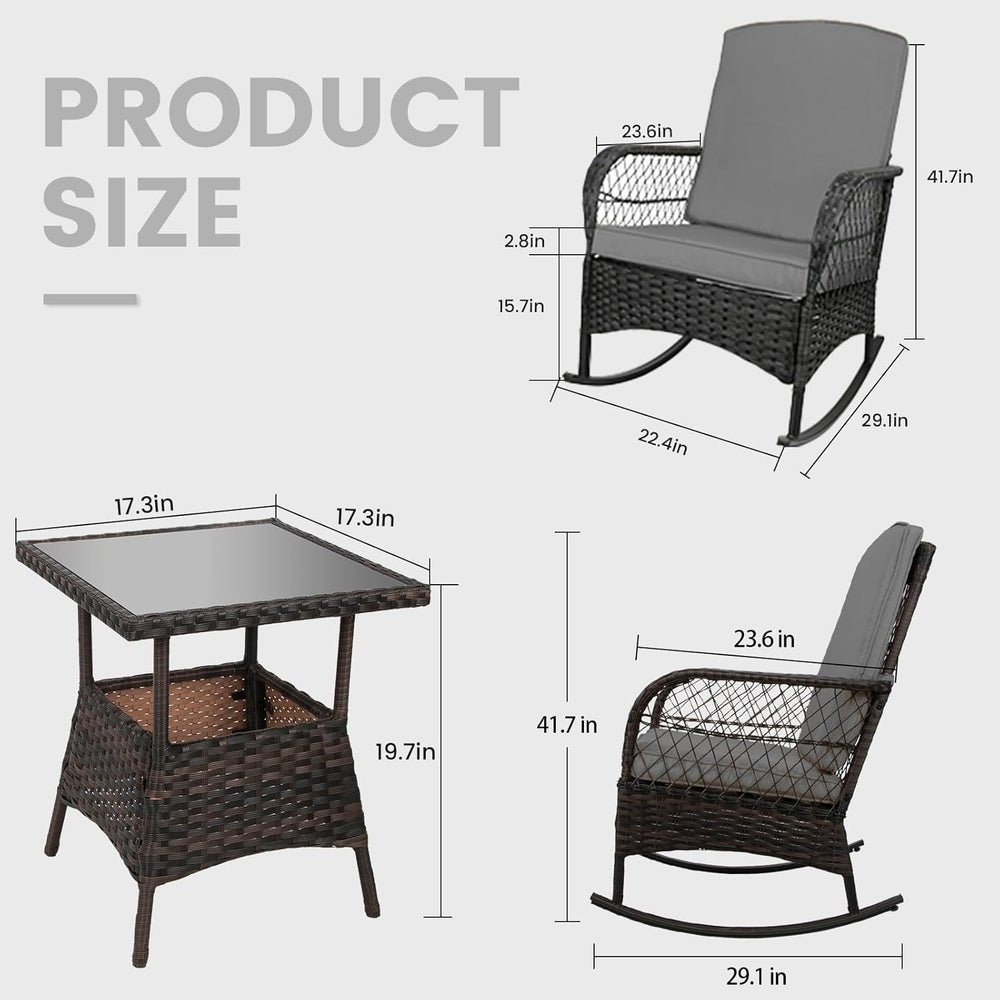 LEVELEVE 3 pcs Rocking Bistro Set Conversation Chairs PE Wicker Outdoor Rocki...