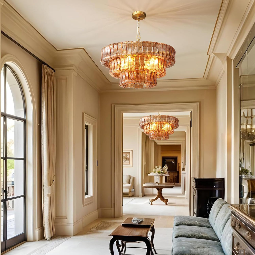 YIOSI Modern Amber Glass Chandelier，23" Gold Round Chandelier for Dining...