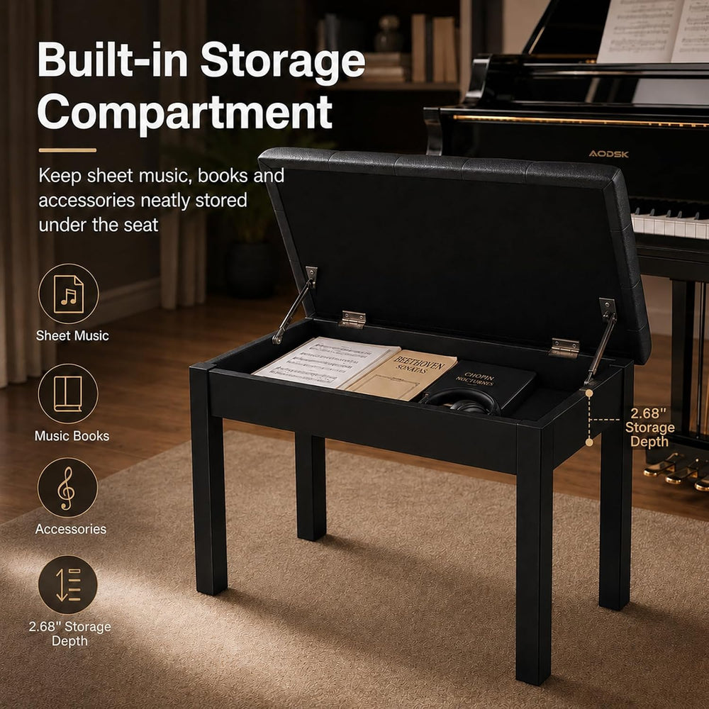AODSK Wooden Duet Piano Bench with Padded Cushion and Storage Compartment for...