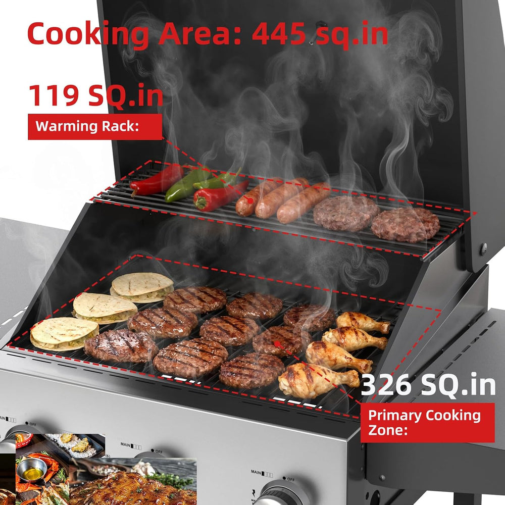 Veralune 3 Burner Gas Grill, Outdoor Propane Grill with Wheels, 445 SQ. IN