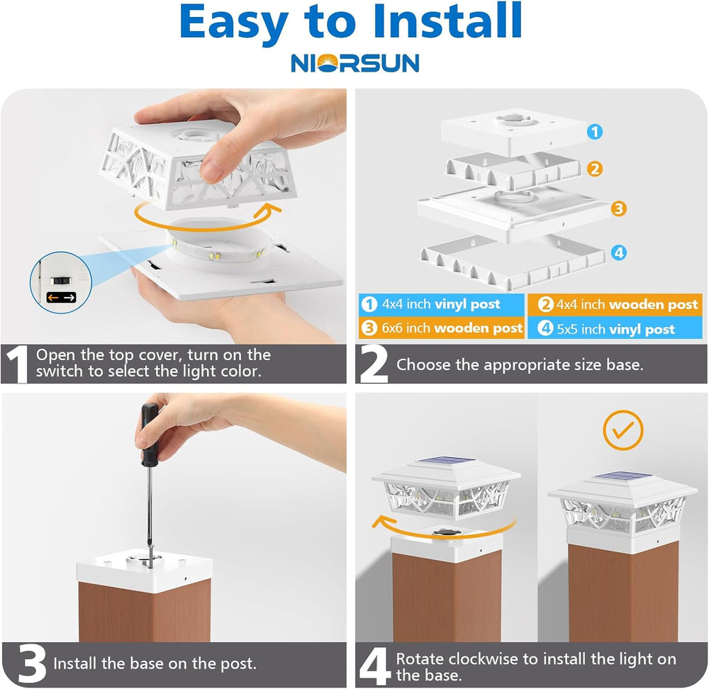 NIORSUN 4x4 Post Solar Lights,Solar Post Lights with 2 Modes, 12 Pack White