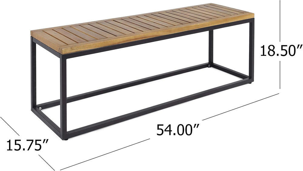 Drew Outdoor Industrial Acacia Wood and Iron Bench, Teak and Black
