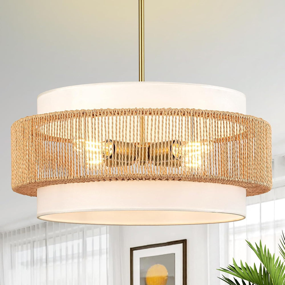 4-Light Rattan Chandelier for Dining Room, 19.7" Boho Pendant Light Fixture