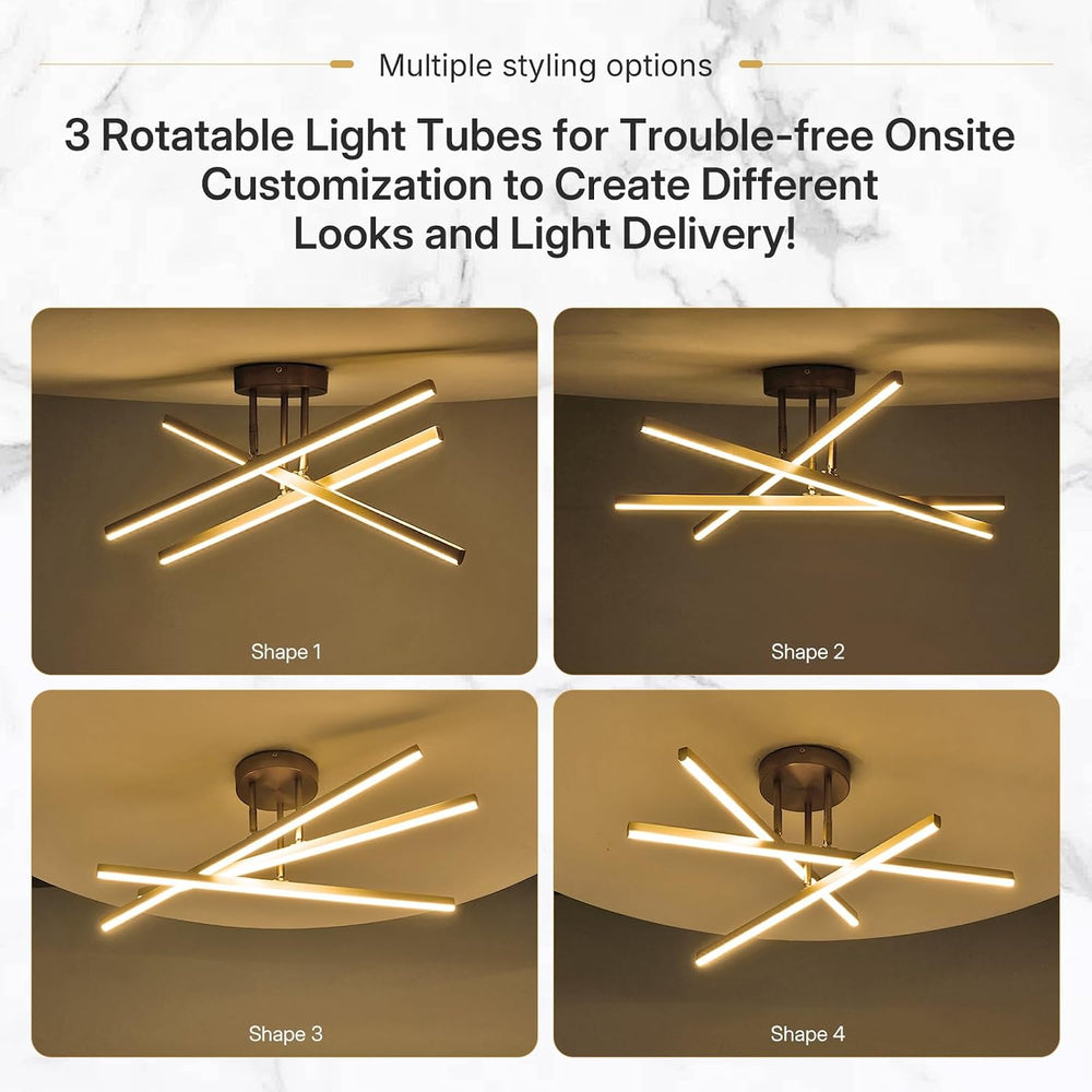 Gold LED Chandelier, 3-Lights Modern Semi Flush Mount Ceiling Lighting Fixtur...