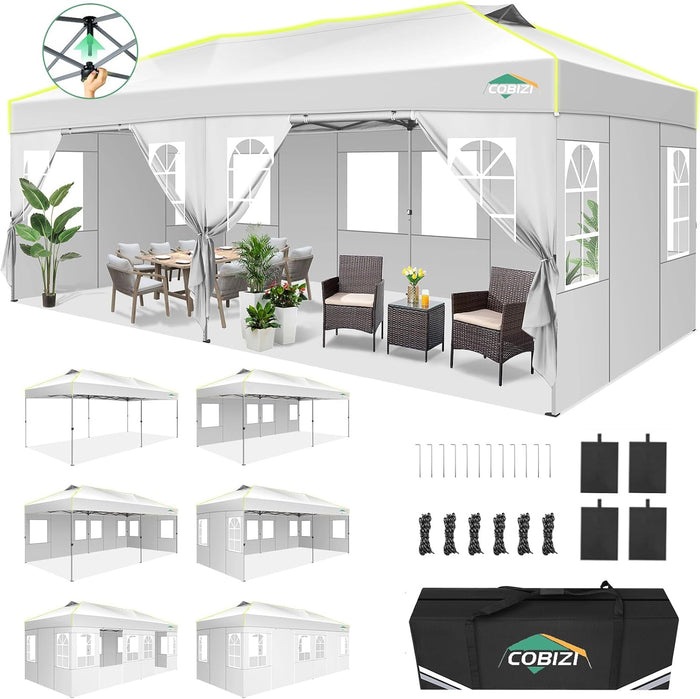 Cobizi 10x20 Pop Up Canopy Tent with 6 Removable Sidewalls, Outdoor, White