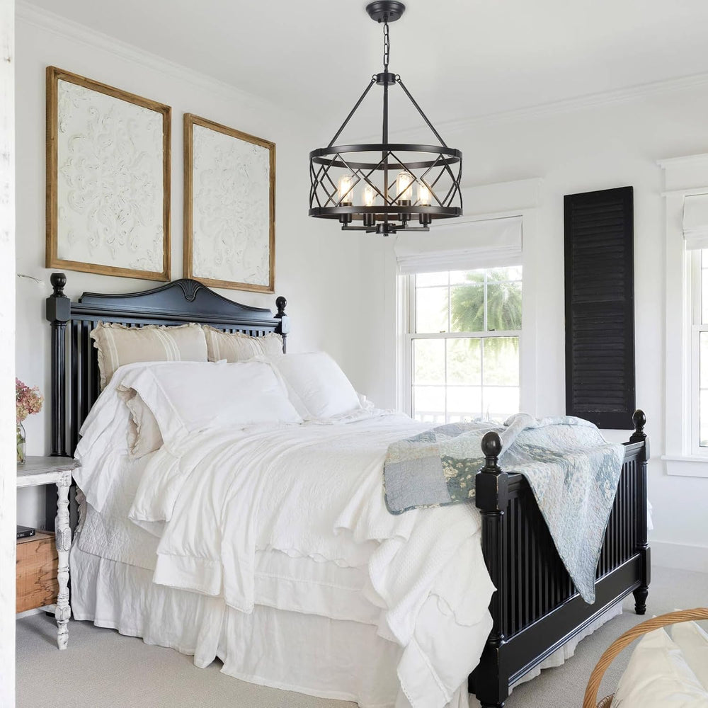 17.7" Black Farmhouse Chandelier, 4-Light Modern Drum Pendant Light Fixt...