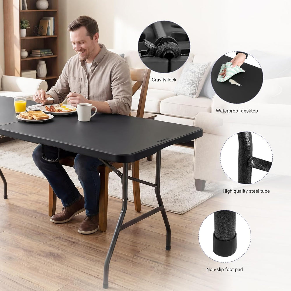 6ft Folding Table, Portable Heavy Duty Plastic Table for Party, Black