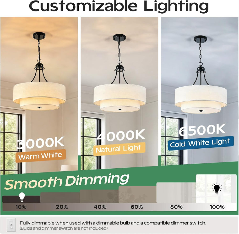 VESPERIX 18" Linen Drum Chandelier, 4-Light Modern Farmhouse Ceiling Lig...