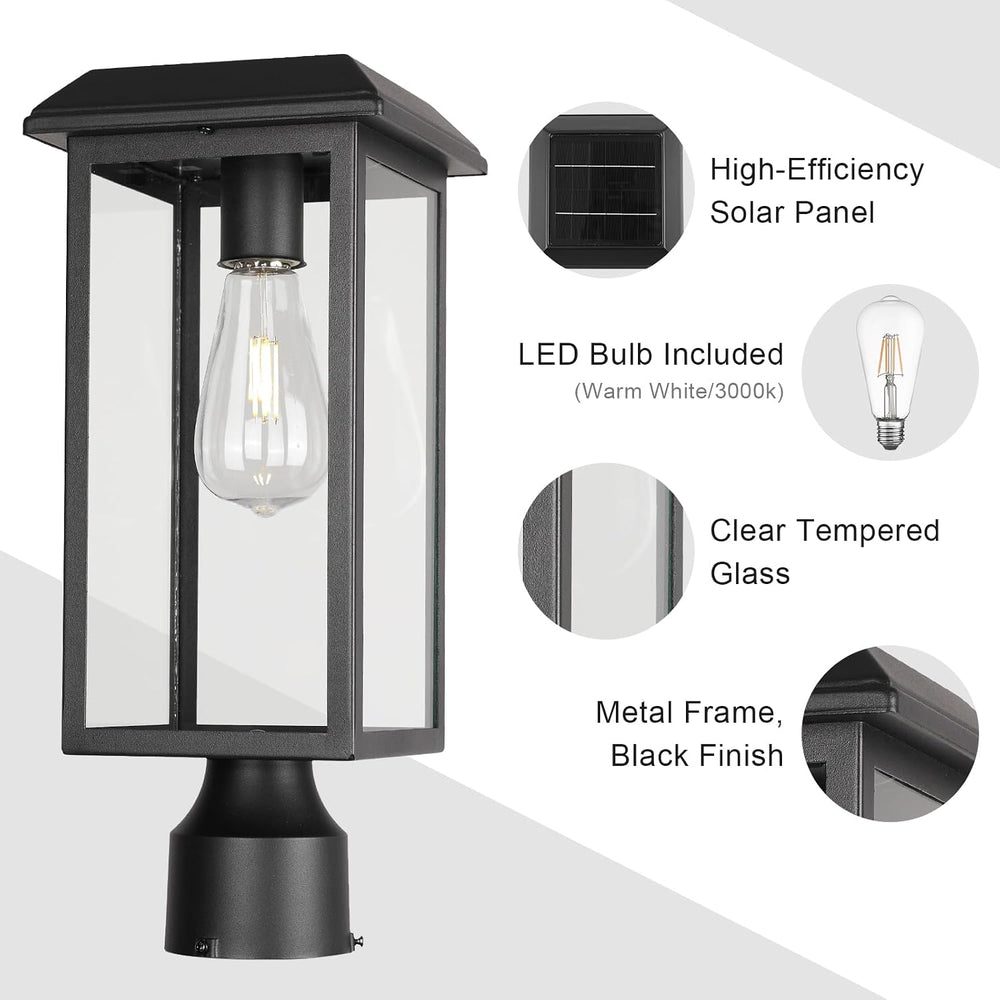 Solar Outdoor Post Lantern Lights, Modern Exterior Pillar Lighting with Black...